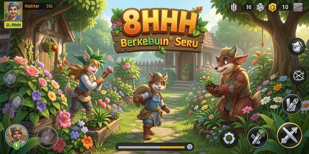 Gameplay seru di 8HHH menunjukkan kebun yang indah dan aktif.