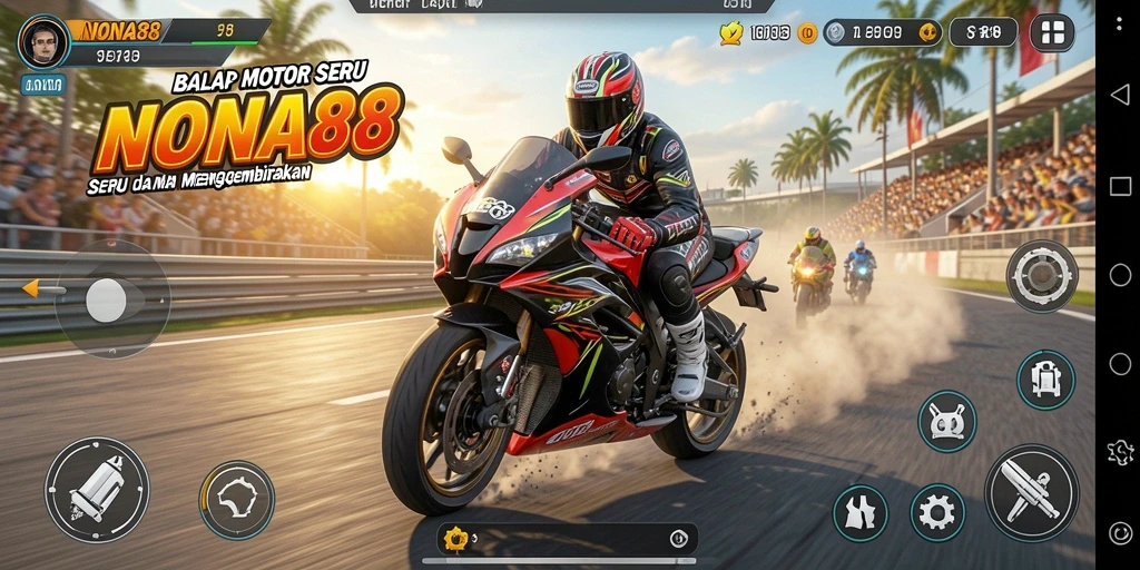 Tampilan gameplay NONA88 yang mendebarkan dan penuh aksi balap motor.